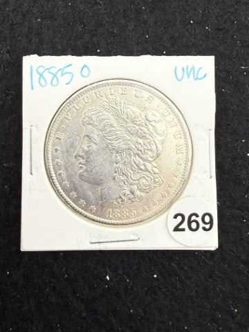 1885 O UNC Morgan Silver Dollar Coin: KEY WORDS: INDIAN ARTIFACT ARTIFACTS ARROWHEAD ARROWHEADS NATIVE AMERICAN MISSISSIPPIAN QUAPAW CADDO POTTERY COINS MORGAN DOLLAR PEACE DOLLAR SILVER COINS. All coins have been Sigma tested for authent