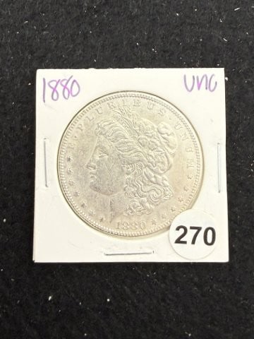 1880 UNC Morgan Silver Dollar Coin: KEY WORDS: INDIAN ARTIFACT ARTIFACTS ARROWHEAD ARROWHEADS NATIVE AMERICAN MISSISSIPPIAN QUAPAW CADDO POTTERY COINS MORGAN DOLLAR PEACE DOLLAR SILVER COINS. All coins have been Sigma tested for authent