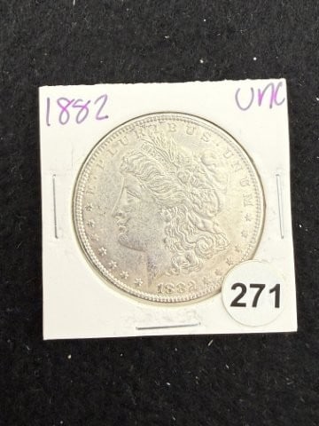 1882 UNC Morgan Silver Dollar Coin: KEY WORDS: INDIAN ARTIFACT ARTIFACTS ARROWHEAD ARROWHEADS NATIVE AMERICAN MISSISSIPPIAN QUAPAW CADDO POTTERY COINS MORGAN DOLLAR PEACE DOLLAR SILVER COINS. All coins have been Sigma tested for authent