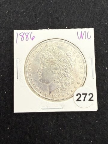 1886 UNC Morgan Silver Dollar Coin: KEY WORDS: INDIAN ARTIFACT ARTIFACTS ARROWHEAD ARROWHEADS NATIVE AMERICAN MISSISSIPPIAN QUAPAW CADDO POTTERY COINS MORGAN DOLLAR PEACE DOLLAR SILVER COINS. All coins have been Sigma tested for