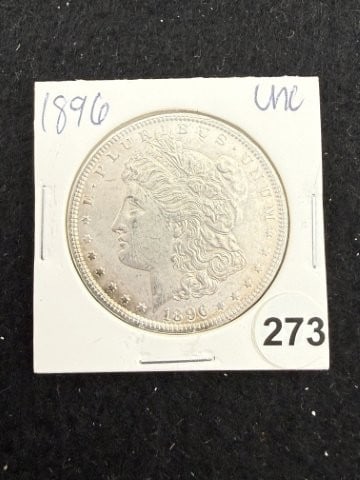 1896 UNC Morgan Silver Dollar Coin: KEY WORDS: INDIAN ARTIFACT ARTIFACTS ARROWHEAD ARROWHEADS NATIVE AMERICAN MISSISSIPPIAN QUAPAW CADDO POTTERY COINS MORGAN DOLLAR PEACE DOLLAR SILVER COINS. All coins have been Sigma tested for