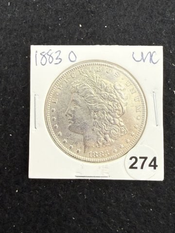 1883 O UNC Morgan Silver Dollar Coin: KEY WORDS: INDIAN ARTIFACT ARTIFACTS ARROWHEAD ARROWHEADS NATIVE AMERICAN MISSISSIPPIAN QUAPAW CADDO POTTERY COINS MORGAN DOLLAR PEACE DOLLAR SILVER COINS. All coins have been Sigma tested for authent