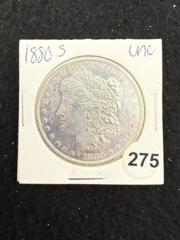 1880 S UNC Morgan Silver Dollar Coin: KEY WORDS: INDIAN ARTIFACT ARTIFACTS ARROWHEAD ARROWHEADS NATIVE AMERICAN MISSISSIPPIAN QUAPAW CADDO POTTERY COINS MORGAN DOLLAR PEACE DOLLAR SILVER COINS. All coins have been Sigma tested for authent