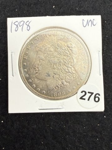 1898 UNC Morgan Silver Dollar Coin: KEY WORDS: INDIAN ARTIFACT ARTIFACTS ARROWHEAD ARROWHEADS NATIVE AMERICAN MISSISSIPPIAN QUAPAW CADDO POTTERY COINS MORGAN DOLLAR PEACE DOLLAR SILVER COINS. All coins have been Sigma tested for authent
