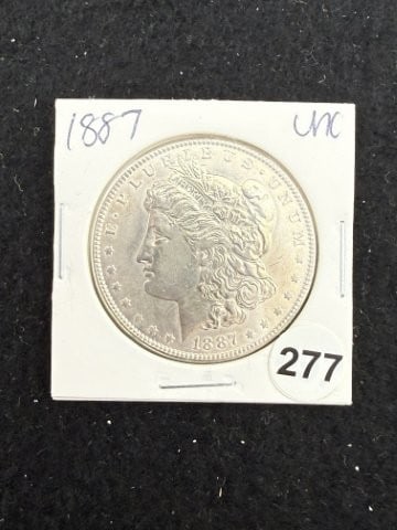1887 UNC Morgan Silver Dollar Coin: KEY WORDS: INDIAN ARTIFACT ARTIFACTS ARROWHEAD ARROWHEADS NATIVE AMERICAN MISSISSIPPIAN QUAPAW CADDO POTTERY COINS MORGAN DOLLAR PEACE DOLLAR SILVER COINS. All coins have been Sigma tested for