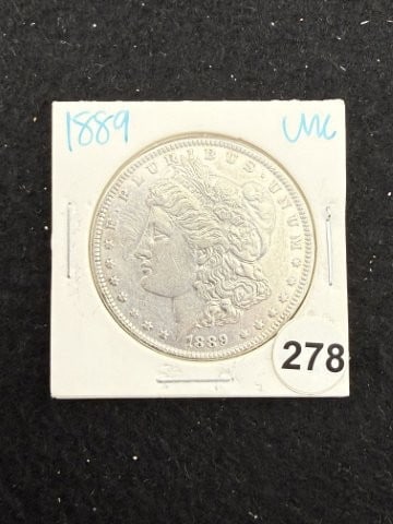 1889 UNC Morgan Silver Dollar Coin: KEY WORDS: INDIAN ARTIFACT ARTIFACTS ARROWHEAD ARROWHEADS NATIVE AMERICAN MISSISSIPPIAN QUAPAW CADDO POTTERY COINS MORGAN DOLLAR PEACE DOLLAR SILVER COINS. All coins have been Sigma tested for authent