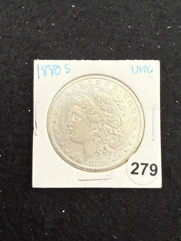 1880 S UNC Morgan Silver Dollar Coin: KEY WORDS: INDIAN ARTIFACT ARTIFACTS ARROWHEAD ARROWHEADS NATIVE AMERICAN MISSISSIPPIAN QUAPAW CADDO POTTERY COINS MORGAN DOLLAR PEACE DOLLAR SILVER COINS. All coins have been Sigma tested for authent