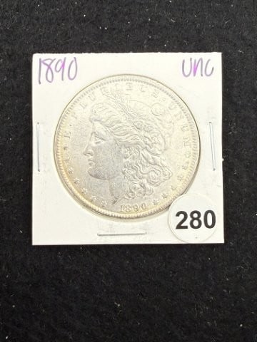 1890 UNC Morgan Silver Dollar Coin: KEY WORDS: INDIAN ARTIFACT ARTIFACTS ARROWHEAD ARROWHEADS NATIVE AMERICAN MISSISSIPPIAN QUAPAW CADDO POTTERY COINS MORGAN DOLLAR PEACE DOLLAR SILVER COINS. All coins have been Sigma tested for authent