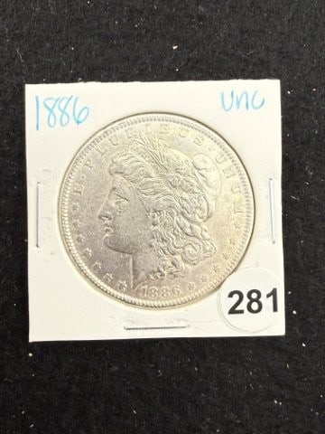 1886 UNC Morgan Silver Dollar Coin: KEY WORDS: INDIAN ARTIFACT ARTIFACTS ARROWHEAD ARROWHEADS NATIVE AMERICAN MISSISSIPPIAN QUAPAW CADDO POTTERY COINS MORGAN DOLLAR PEACE DOLLAR SILVER COINS. All coins have been Sigma tested for authent
