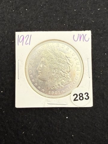 1921 UNC Morgan Silver Dollar Coin: KEY WORDS: INDIAN ARTIFACT ARTIFACTS ARROWHEAD ARROWHEADS NATIVE AMERICAN MISSISSIPPIAN QUAPAW CADDO POTTERY COINS MORGAN DOLLAR PEACE DOLLAR SILVER COINS. All coins have been Sigma tested for