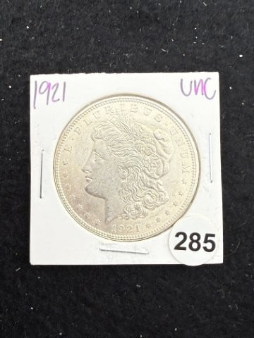 1921 UNC Morgan Silver Dollar Coin: KEY WORDS: INDIAN ARTIFACT ARTIFACTS ARROWHEAD ARROWHEADS NATIVE AMERICAN MISSISSIPPIAN QUAPAW CADDO POTTERY COINS MORGAN DOLLAR PEACE DOLLAR SILVER COINS. All coins have been Sigma tested for authent