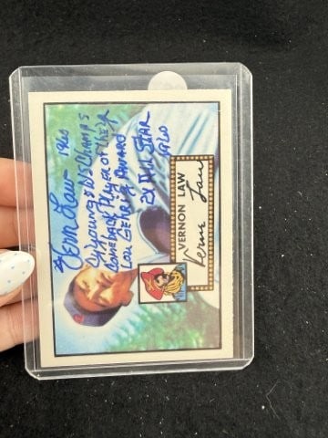 Vern Law Hand Signed Authentic Autograph with several inscriptions: KEY WORDS: INDIAN ARTIFACT ARTIFACTS ARROWHEAD ARROWHEADS NATIVE AMERICAN MISSISSIPPIAN QUAPAW CADDO POTTERY COINS MORGAN DOLLAR PEACE DOLLAR SILVER COINS. All coins have been Sigma tested for authent