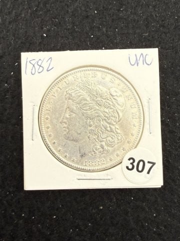 1882 UNC Morgan Silver Dollar Coin: KEY WORDS: INDIAN ARTIFACT ARTIFACTS ARROWHEAD ARROWHEADS NATIVE AMERICAN MISSISSIPPIAN QUAPAW CADDO POTTERY COINS MORGAN DOLLAR PEACE DOLLAR SILVER COINS. All coins have been Sigma tested for