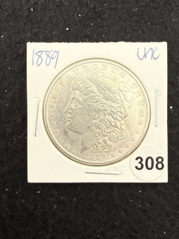 1889 UNC Morgan Silver Dollar Coin: KEY WORDS: INDIAN ARTIFACT ARTIFACTS ARROWHEAD ARROWHEADS NATIVE AMERICAN MISSISSIPPIAN QUAPAW CADDO POTTERY COINS MORGAN DOLLAR PEACE DOLLAR SILVER COINS. All coins have been Sigma tested for
