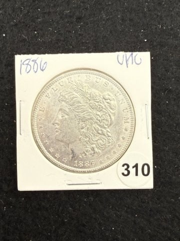 1886 UNC Morgan Silver Dollar Coin: KEY WORDS: INDIAN ARTIFACT ARTIFACTS ARROWHEAD ARROWHEADS NATIVE AMERICAN MISSISSIPPIAN QUAPAW CADDO POTTERY COINS MORGAN DOLLAR PEACE DOLLAR SILVER COINS. All coins have been Sigma tested for