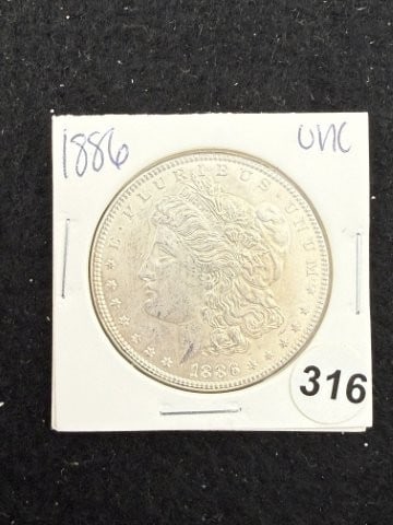 1886 UNC Morgan Silver Dollar Coin: KEY WORDS: INDIAN ARTIFACT ARTIFACTS ARROWHEAD ARROWHEADS NATIVE AMERICAN MISSISSIPPIAN QUAPAW CADDO POTTERY COINS MORGAN DOLLAR PEACE DOLLAR SILVER COINS. All coins have been Sigma tested for authent