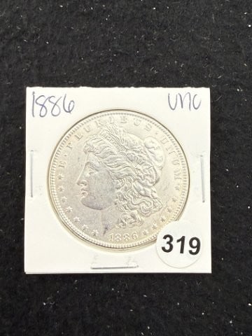 1886 UNC Morgan Silver Dollar Coin: KEY WORDS: INDIAN ARTIFACT ARTIFACTS ARROWHEAD ARROWHEADS NATIVE AMERICAN MISSISSIPPIAN QUAPAW CADDO POTTERY COINS MORGAN DOLLAR PEACE DOLLAR SILVER COINS. All coins have been Sigma tested for