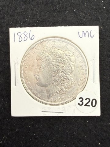 1886 UNC Morgan Silver Dollar Coin: KEY WORDS: INDIAN ARTIFACT ARTIFACTS ARROWHEAD ARROWHEADS NATIVE AMERICAN MISSISSIPPIAN QUAPAW CADDO POTTERY COINS MORGAN DOLLAR PEACE DOLLAR SILVER COINS. All coins have been Sigma tested for