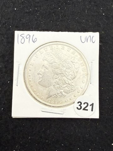 1896 UNC Morgan Silver Dollar Coin: KEY WORDS: INDIAN ARTIFACT ARTIFACTS ARROWHEAD ARROWHEADS NATIVE AMERICAN MISSISSIPPIAN QUAPAW CADDO POTTERY COINS MORGAN DOLLAR PEACE DOLLAR SILVER COINS. All coins have been Sigma tested for