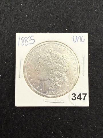 1885 UNC Morgan Silver Dollar Coin: KEY WORDS: INDIAN ARTIFACT ARTIFACTS ARROWHEAD ARROWHEADS NATIVE AMERICAN MISSISSIPPIAN QUAPAW CADDO POTTERY COINS MORGAN DOLLAR PEACE DOLLAR SILVER COINS. All coins have been Sigma tested for