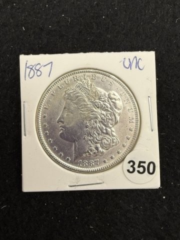 1887 UNC Morgan Silver Dollar Coin: KEY WORDS: INDIAN ARTIFACT ARTIFACTS ARROWHEAD ARROWHEADS NATIVE AMERICAN MISSISSIPPIAN QUAPAW CADDO POTTERY COINS MORGAN DOLLAR PEACE DOLLAR SILVER COINS. All coins have been Sigma tested for