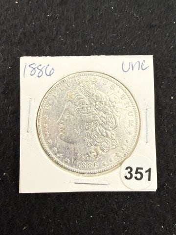 1886 UNC Morgan Silver Dollar Coin: KEY WORDS: INDIAN ARTIFACT ARTIFACTS ARROWHEAD ARROWHEADS NATIVE AMERICAN MISSISSIPPIAN QUAPAW CADDO POTTERY COINS MORGAN DOLLAR PEACE DOLLAR SILVER COINS. All coins have been Sigma tested for
