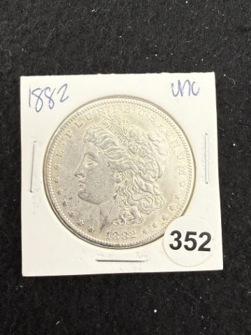 1882 UNC Morgan Silver Dollar Coin: KEY WORDS: INDIAN ARTIFACT ARTIFACTS ARROWHEAD ARROWHEADS NATIVE AMERICAN MISSISSIPPIAN QUAPAW CADDO POTTERY COINS MORGAN DOLLAR PEACE DOLLAR SILVER COINS. All coins have been Sigma tested for