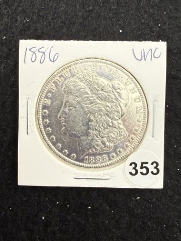 1886 UNC Morgan Silver Dollar Coin: KEY WORDS: INDIAN ARTIFACT ARTIFACTS ARROWHEAD ARROWHEADS NATIVE AMERICAN MISSISSIPPIAN QUAPAW CADDO POTTERY COINS MORGAN DOLLAR PEACE DOLLAR SILVER COINS. All coins have been Sigma tested for