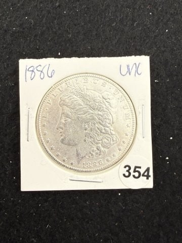 1886 UNC Morgan Silver Dollar Coin: KEY WORDS: INDIAN ARTIFACT ARTIFACTS ARROWHEAD ARROWHEADS NATIVE AMERICAN MISSISSIPPIAN QUAPAW CADDO POTTERY COINS MORGAN DOLLAR PEACE DOLLAR SILVER COINS. All coins have been Sigma tested for