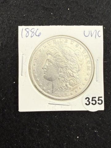1886 UNC Morgan Silver Dollar Coin: KEY WORDS: INDIAN ARTIFACT ARTIFACTS ARROWHEAD ARROWHEADS NATIVE AMERICAN MISSISSIPPIAN QUAPAW CADDO POTTERY COINS MORGAN DOLLAR PEACE DOLLAR SILVER COINS. All coins have been Sigma tested for