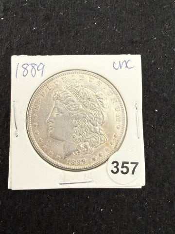 1889 UNC Morgan Silver Dollar Coin: KEY WORDS: INDIAN ARTIFACT ARTIFACTS ARROWHEAD ARROWHEADS NATIVE AMERICAN MISSISSIPPIAN QUAPAW CADDO POTTERY COINS MORGAN DOLLAR PEACE DOLLAR SILVER COINS. All coins have been Sigma tested for