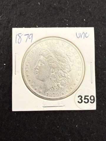 1879 UNC Morgan Silver Dollar Coin: KEY WORDS: INDIAN ARTIFACT ARTIFACTS ARROWHEAD ARROWHEADS NATIVE AMERICAN MISSISSIPPIAN QUAPAW CADDO POTTERY COINS MORGAN DOLLAR PEACE DOLLAR SILVER COINS. All coins have been Sigma tested for