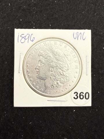 1896 UNC Morgan Silver Dollar Coin: KEY WORDS: INDIAN ARTIFACT ARTIFACTS ARROWHEAD ARROWHEADS NATIVE AMERICAN MISSISSIPPIAN QUAPAW CADDO POTTERY COINS MORGAN DOLLAR PEACE DOLLAR SILVER COINS. All coins have been Sigma tested for