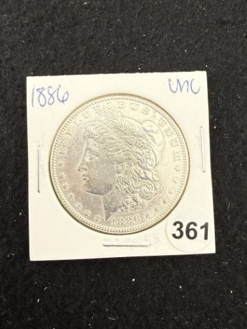 1886 UNC Morgan Silver Dollar Coin: KEY WORDS: INDIAN ARTIFACT ARTIFACTS ARROWHEAD ARROWHEADS NATIVE AMERICAN MISSISSIPPIAN QUAPAW CADDO POTTERY COINS MORGAN DOLLAR PEACE DOLLAR SILVER COINS. All coins have been Sigma tested for