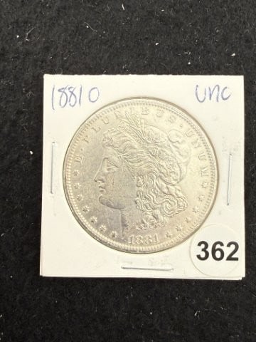 1881 O UNC Morgan Silver Dollar Coin: KEY WORDS: INDIAN ARTIFACT ARTIFACTS ARROWHEAD ARROWHEADS NATIVE AMERICAN MISSISSIPPIAN QUAPAW CADDO POTTERY COINS MORGAN DOLLAR PEACE DOLLAR SILVER COINS. All coins have been Sigma tested for