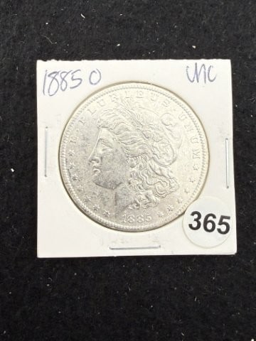 1885 O UNC Morgan Silver Dollar Coin: KEY WORDS: INDIAN ARTIFACT ARTIFACTS ARROWHEAD ARROWHEADS NATIVE AMERICAN MISSISSIPPIAN QUAPAW CADDO POTTERY COINS MORGAN DOLLAR PEACE DOLLAR SILVER COINS. All coins have been Sigma tested for