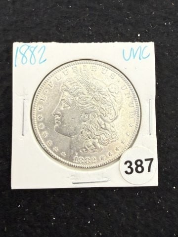 1882 UNC Morgan Silver Dollar Coin: KEY WORDS: INDIAN ARTIFACT ARTIFACTS ARROWHEAD ARROWHEADS NATIVE AMERICAN MISSISSIPPIAN QUAPAW CADDO POTTERY COINS MORGAN DOLLAR PEACE DOLLAR SILVER COINS. All coins have been Sigma tested for