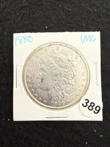 1880 UNC Morgan Silver Dollar Coin: KEY WORDS: INDIAN ARTIFACT ARTIFACTS ARROWHEAD ARROWHEADS NATIVE AMERICAN MISSISSIPPIAN QUAPAW CADDO POTTERY COINS MORGAN DOLLAR PEACE DOLLAR SILVER COINS. All coins have been Sigma tested for