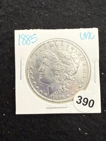 1885 UNC Morgan Silver Dollar Coin: KEY WORDS: INDIAN ARTIFACT ARTIFACTS ARROWHEAD ARROWHEADS NATIVE AMERICAN MISSISSIPPIAN QUAPAW CADDO POTTERY COINS MORGAN DOLLAR PEACE DOLLAR SILVER COINS. All coins have been Sigma tested for