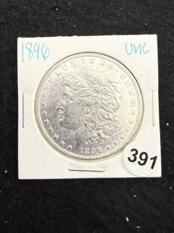 1896 UNC Morgan Silver Dollar Coin: KEY WORDS: INDIAN ARTIFACT ARTIFACTS ARROWHEAD ARROWHEADS NATIVE AMERICAN MISSISSIPPIAN QUAPAW CADDO POTTERY COINS MORGAN DOLLAR PEACE DOLLAR SILVER COINS. All coins have been Sigma tested for