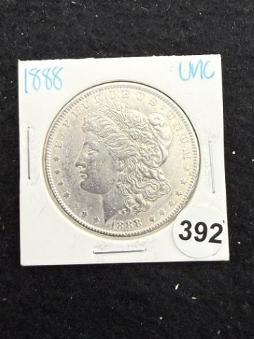 1888 UNC Morgan Silver Dollar Coin: KEY WORDS: INDIAN ARTIFACT ARTIFACTS ARROWHEAD ARROWHEADS NATIVE AMERICAN MISSISSIPPIAN QUAPAW CADDO POTTERY COINS MORGAN DOLLAR PEACE DOLLAR SILVER COINS. All coins have been Sigma tested for