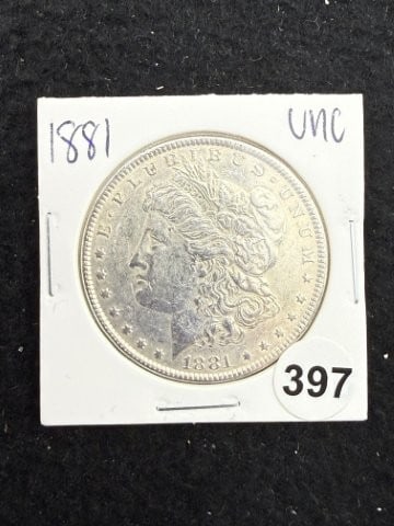 1881 UNC Morgan Silver Dollar Coin: KEY WORDS: INDIAN ARTIFACT ARTIFACTS ARROWHEAD ARROWHEADS NATIVE AMERICAN MISSISSIPPIAN QUAPAW CADDO POTTERY COINS MORGAN DOLLAR PEACE DOLLAR SILVER COINS. All coins have been Sigma tested for