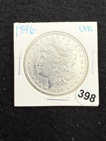 1896 UNC Morgan Silver Dollar Coin: KEY WORDS: INDIAN ARTIFACT ARTIFACTS ARROWHEAD ARROWHEADS NATIVE AMERICAN MISSISSIPPIAN QUAPAW CADDO POTTERY COINS MORGAN DOLLAR PEACE DOLLAR SILVER COINS. All coins have been Sigma tested for