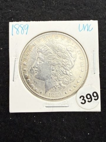 1889 UNC Morgan Silver Dollar Coin: KEY WORDS: INDIAN ARTIFACT ARTIFACTS ARROWHEAD ARROWHEADS NATIVE AMERICAN MISSISSIPPIAN QUAPAW CADDO POTTERY COINS MORGAN DOLLAR PEACE DOLLAR SILVER COINS. All coins have been Sigma tested for