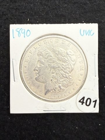 1890 UNC Morgan Silver Dollar Coin: KEY WORDS: INDIAN ARTIFACT ARTIFACTS ARROWHEAD ARROWHEADS NATIVE AMERICAN MISSISSIPPIAN QUAPAW CADDO POTTERY COINS MORGAN DOLLAR PEACE DOLLAR SILVER COINS. All coins have been Sigma tested for