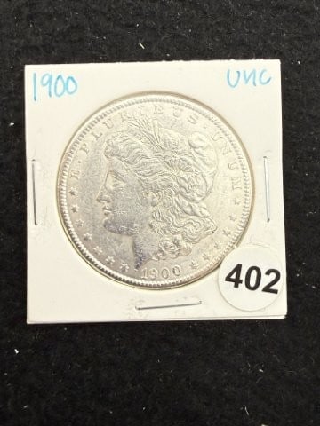 1900 UNC Morgan Silver Dollar Coin: KEY WORDS: INDIAN ARTIFACT ARTIFACTS ARROWHEAD ARROWHEADS NATIVE AMERICAN MISSISSIPPIAN QUAPAW CADDO POTTERY COINS MORGAN DOLLAR PEACE DOLLAR SILVER COINS. All coins have been Sigma tested for