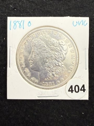 1881 O UNC Morgan Silver Dollar Coin: KEY WORDS: INDIAN ARTIFACT ARTIFACTS ARROWHEAD ARROWHEADS NATIVE AMERICAN MISSISSIPPIAN QUAPAW CADDO POTTERY COINS MORGAN DOLLAR PEACE DOLLAR SILVER COINS. All coins have been Sigma tested for