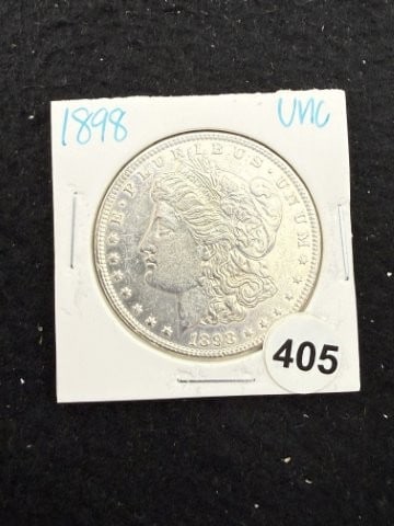 1898 UNC Morgan Silver Dollar Coin: KEY WORDS: INDIAN ARTIFACT ARTIFACTS ARROWHEAD ARROWHEADS NATIVE AMERICAN MISSISSIPPIAN QUAPAW CADDO POTTERY COINS MORGAN DOLLAR PEACE DOLLAR SILVER COINS. All coins have been Sigma tested for