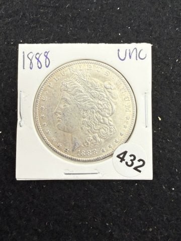 1888 UNC Morgan Silver Dollar Coin: KEY WORDS: INDIAN ARTIFACT ARTIFACTS ARROWHEAD ARROWHEADS NATIVE AMERICAN MISSISSIPPIAN QUAPAW CADDO POTTERY COINS MORGAN DOLLAR PEACE DOLLAR SILVER COINS. All coins have been Sigma tested for
