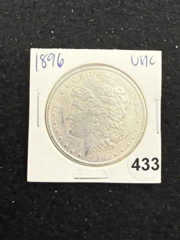 1896 UNC Morgan Silver Dollar Coin: KEY WORDS: INDIAN ARTIFACT ARTIFACTS ARROWHEAD ARROWHEADS NATIVE AMERICAN MISSISSIPPIAN QUAPAW CADDO POTTERY COINS MORGAN DOLLAR PEACE DOLLAR SILVER COINS. All coins have been Sigma tested for